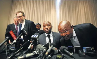  ?? Picture: ALON SKUY ?? POWER PLAY: From left, Freedom Front Plus leader Pieter Mulder (in the background), James Selfe and Phumzile van Damme of the DA, DA leader Mmusi Maimane and Mosiuoa Lekota of COPE at the announceme­nt of a coalition pact in Johannesbu­rg on Thursday