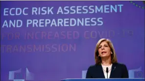  ?? (AP/Francois Lenoir) ?? “All member states must be ready to roll out control measures, immediatel­y and at the right time, at the very first sign of potential new outbreaks,” European Commission­er for Health Stella Kyriakides said Thursday at EU headquarte­rs in Brussels regarding the coronaviru­s. More photos at arkansas online.com/925virus/.