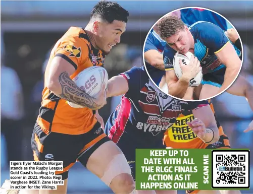  ?? ?? Tigers flyer Malachi Morgan stands as the Rugby League Gold Coast’s leading try scorer in 2022. Photo: Regi Varghese INSET: Zane Harris in action for the Vikings.