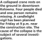  ??  ?? A collapsed crane rests on the ground in downtown Kelowna. Four people died and one person remains missing. A candleligh­t vigil has been planned for Friday at 9 p.m. near the constructi­on site. The cause of the collapse is the subject of several investigat­ions.