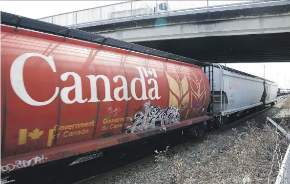  ?? JEFF MCINTOSH /THE CANADIAN PRESS ?? With the second largest crop on record expected this year, CP Rail announced it has lengthened grain trains.