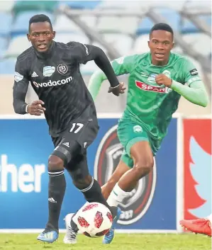  ?? Anesh Debiky/Gallo Images ?? Sbusiso Mabiliso of Amazulu and Augustine Mulenga of Orlando Pirates chase the ball during their Telkom Knockout quarterfin­al match at Moses Mabhida Stadium last night.