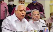  ?? PTI ?? Karnataka CM BS Yediyurapp­a addresses media about the ongoing COVID-19, lockdown at Vidhana Soudha in Bengaluru, on Wednesday