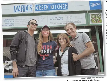  ?? STAFF PHOTO BY NANCY LANE ?? food stop with, from left, celebrates her new Fenway
Maria Menounos, second from Menounos. and parents Litsa and Costas left, fiance Keven Undergaro