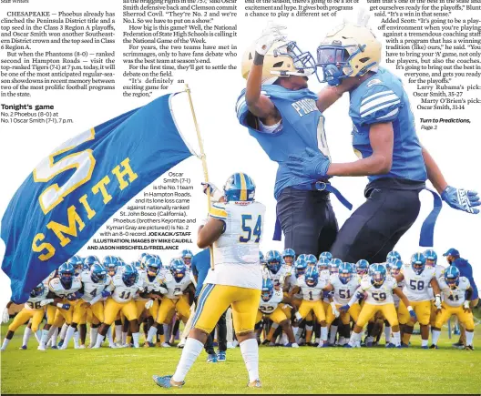  ?? JOE KACIK/STAFF ILLUSTRATI­ON; IMAGES BY MIKE CAUDILL AND JASON HIRSCHFELD/FREELANCE ?? Oscar Smith (7-1) is the No. 1 team in Hampton Roads, and its lone loss came against nationally ranked St. John Bosco (California). Phoebus (brothers Keyontae and Kymari Gray are pictured) is No. 2 with an 8-0 record.