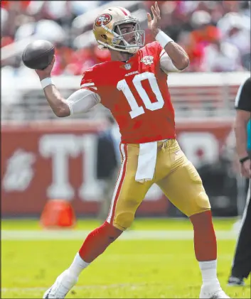  ?? Jed Jacobsohn The Associated Press ?? 49ers QB Jimmy Garoppolo is on the short list of players who are most likely to take over under center for the Raiders.