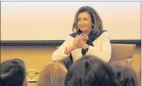  ?? REBECCA LURYE/HARTFORD COURANT ?? House Speaker Nancy Pelosi claps during a conversati­on on pay equality with U.S. Rep. Rosa DeLauro in New Haven on Saturday.