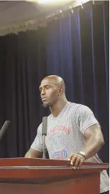  ?? STAFF PHOTO BY NANCY LANE ?? SAFETY ADVOCATE: Patriots defensive back Devin McCourty talks yesterday about this week’s Boston University study on CTE in former NFL players.