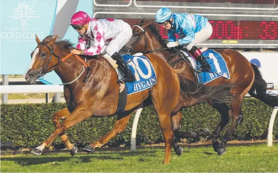  ?? Picture: MIKE BATTERHAM ?? Champagne Cuddles, ridden by Corey Brown, wins the Gold Coast Guineas two starts back.