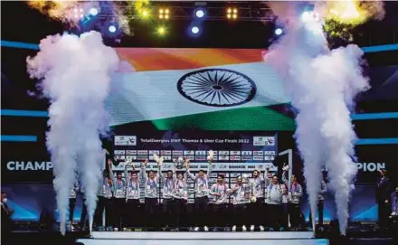  ?? EPA PIC ?? Team India celebratin­g after winning the men’s finals against Indonesia at the BWF Thomas and Uber Cup Finals 2022 in Thailand recently.