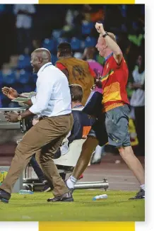  ??  ?? ABOVE: Broos celebrates Cameroon’s victory over Ghana in the 2017 Africa Cup of Nations semifinal. BELOW: The new Bafana coach with assistant coach Helman Mkhalele during a training session.