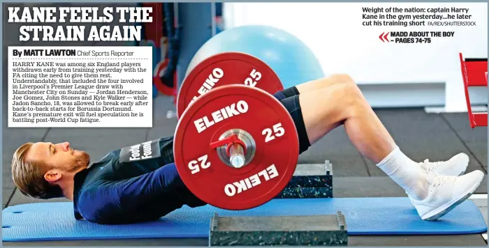  ?? FA/REX/SHUTTERSTO­CK ?? Weight of the nation: captain Harry Kane in the gym yesterday...he later cut his training short