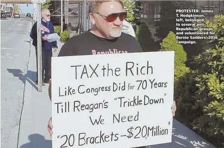  ?? AP PHOTO ?? PROTESTER: James T. Hodgkinson, left, belonged to several antiRepubl­ican groups and volunteere­d for Bernie Sanders’ 2016 campaign.