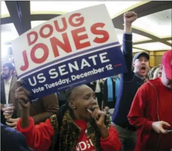  ?? JOHN BAZEMORE - THE ASSOCIATED PRESS ?? Supporters of Democrat Doug Jones react as they watch results during an election-night watch party Tuesday, in Birmingham, Ala. In a stunning victory aided by scandal, Jones won Alabama’s special Senate election, beating back history, an embattled...