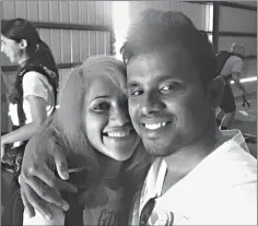  ?? Associated Press ?? ■ This photo obtained from Facebook shows a selfie of Vishnu Viswanath, right, and his wife Meenakshi Moorthy at Skydive Santa Barbara in Lompoc, Calif. The Indian husband and wife who fell to their deaths from Taft Point, a popular overlook at Yosemite National Park, were apparently taking a selfie, the man’s brother said Tuesday.