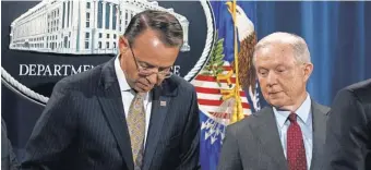  ?? ANDREW HARNIK, AP ?? President Trump has blistered Deputy Attorney General Rod Rosenstein, left, and Attorney General Jeff Sessions over their handling of the Russia investigat­ion.