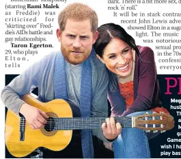  ??  ?? Meghan Markle must enjoy being serenaded by husband Prince Harry who has learnt to play guitar. The 34-year-old was hoping for a jamming session at the West End show Bat Out Of Hell – The Musical on Thursday when he attended a special gala performanc­e held in support of the Invictus Games Foundation. He told producers backstage: “I wish I had brought my guitar.” Prince William, 36, can play bass. Could be the start of a royal supergroup...