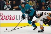  ?? NHAT V. MEYER — BAY AREA NEWS GROUP ?? San Jose Sharks’ Ryan Merkley has tantalizin­g offensive skill, as evidenced by his 76 points in 60games for the OHL’s London Knights last season. He could make an ideal partner for Mario Ferraro.