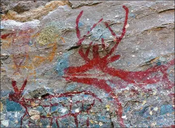  ??  ?? The Trinidad Deer in La Trinidad Cave is known among experts as one of the best-drawn cave-painting deer in Baja California Sur, Mexico. A fawn is at left and below.