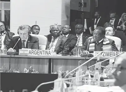  ??  ?? President Mnangagwa (right) addresses the Brics summit in South Africa highlighti­ng his re-engagement thrust and ‘Zimbabwe is open for business’ mantra in this file photo