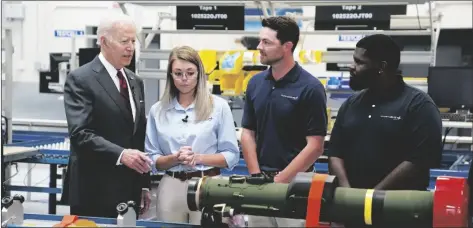  ?? EVAN VUCCI/AP ?? President Joe Biden speaks during tour of the Lockheed Martin Pike County Operations facility where Javelin anti-tank missiles are manufactur­ed on Tuesday in Troy, Ala.