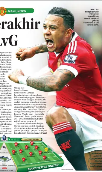  ?? GRAFIS: BUDIONO
ANDREW YATES/REUTERS, ?? Sports
Daily Express.
DEMI LvG: Memphis Depay
meluapkan kegembiraa­n setelah menjebol
gawang Sunderland di Old
Trafford (26/9).