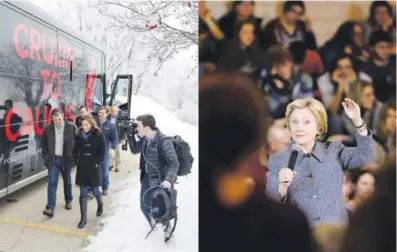  ??  ?? Left, Republican presidenti­al candidate Ted Cruz walks into a campaign event at Charlie’s Steakhouse on Monday in Carroll, Iowa. Right, Democratic presidenti­al candidate Hillary Clinton speaks during a town hall meeting in Keota, Iowa, last month....