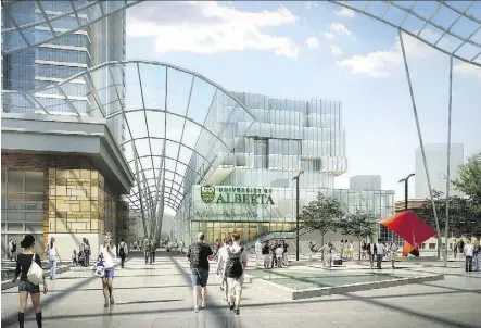  ??  ?? An artist’s rendering of the Galleria plaza looking west to the planned University of Alberta building. It was to have been located north of 103A Avenue, across from City Hall and next to the new Royal Alberta Museum. The Galleria Foundation announced...