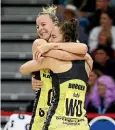  ??  ?? Katrina Rore, left, and Karin Burger celebrate the Pulse’s ANZ Premiershi­p netball final win, a sporting highlight for Radio Sport’s Daniel McHardy.