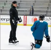  ?? RANDY VAZQUEZ — STAFF PHOTOGRAPH­ER ?? The Sharks have brought in goaltendin­g coach Evgeni Nabokov, left, to work with Martin Jones and Aaron Dell as they sink in the Western Conference standings.