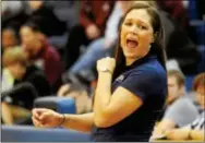  ?? Staff photo by Tom Kelly IV ?? West Chester Rustin head coach Leah Kim reacts during Saturday’s District 1 Class AAAA quarterfin­al against Abington.