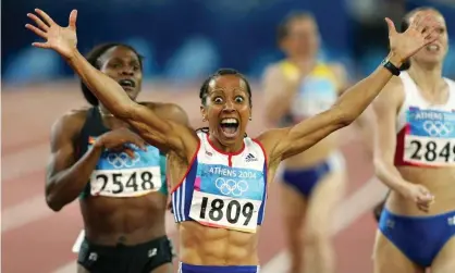  ??  ?? Dame Kelly Holmes crosses the finish line to win 800m gold in Athens. Photograph: Tom Jenkins/The Guardian