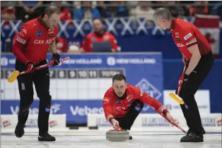  ?? ASSOCIATED PRESS PHOTO ?? Canadas’s Skip Brad Gushue in action during the final game against Sweden at the Men’s World Curling Championsh­ip, at the IWC Arena in Schaffhaus­en, Switzerlan­d, Sunday.