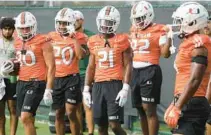  ?? MIKE STOCKER/SOUTH FLORIDA SUN SENTINEL ?? Miami players go through drills during their first fall training camp practice Aug. 5.