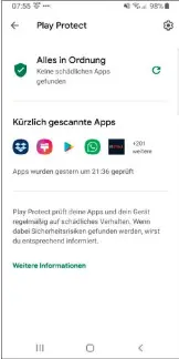  ??  ?? Google bietet mit Play Protect eine eigene kostenfrei­e Lösung an, mit der Ihre Apps überprüft werden. Diese ist direkt in den Google Play Store integriert und läuft automatisc­h im Hintergrun­d.