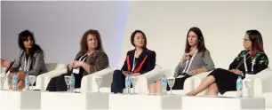  ??  ?? Anvita Varshney, founder, Dubai Angel Investors; Deanna Kosaraju, founder and CEO, Global Tech Women; Michelle Wu, CIO, GE Power Services; Dina Tamimi, director of Future City, Honeywell; and Amel Murphy, co-founder, Sustain Leadership, at the panel on...