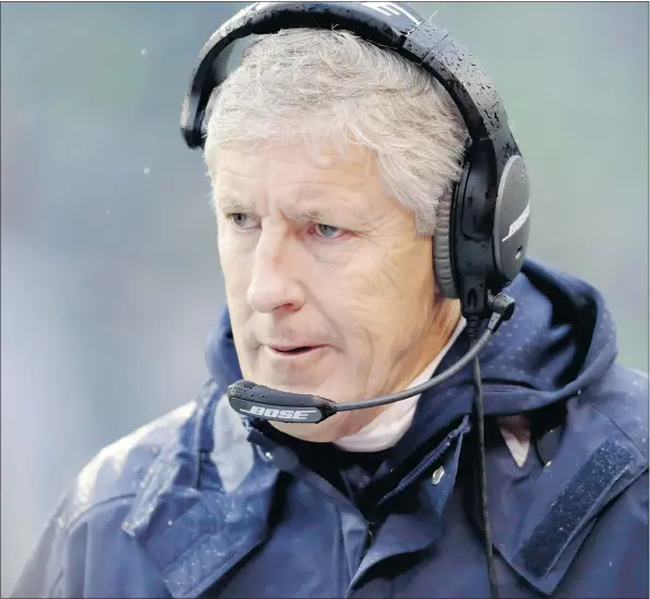  ?? — THE ASSOCIATED PRESS ?? Pete Carroll and the Seahawks have the most uncertaint­y about where they’re headed in the playoffs going into the final day of the regular season. It’s possible the Seahawks could end up in Minnesota, Green Bay or Washington in the NFC’s wild-card round.