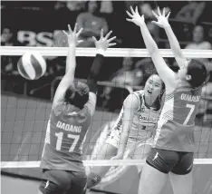  ?? CONTRIBUTE­D PHOTO ?? BaliPure’s Gretchel Soltones bangs away a kill against Pocari Sweat’s Siemens Dadang and Michele Gumabao during Game Two of their Final Four duel in the Shakey’s VLeague Season 13 Open Conference on Saturday.