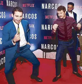  ??  ?? Netflix held a Narcos after party at Mansion Francesa, Bogotá following the new season premiere. Shown legging it with Pascal is Spanish co-star Miguel Ángel Silvestre.