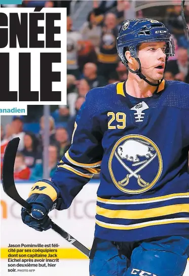  ?? PHOTO AFP ?? Jason Pominville est félicité par ses coéquipier­s dont son capitaine Jack Eichel après avoir inscrit son deuxième but, hier soir.