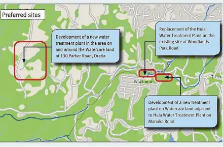  ?? SUPPLIED ?? Watercare’s map showing three possible replacemen­t sites for the aging plant.