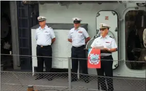  ?? LAUREN HALLIGAN - MEDIANEWS GROUP FILE ?? Richard Walker, retired officer in the New York State Naval Militia and former Coast Guardsman, speaks aboard the USS SLATER at the U.S. Coast Guard’s 224th anniversar­y ceremony in Albany.