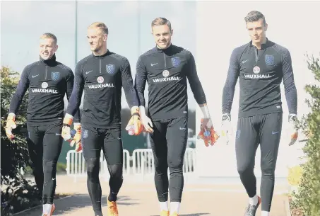  ??  ?? England goalkeeper­s Jordan Pickford, Joe Hart, Jack Butland and Nick Pope during a training session yesterday.