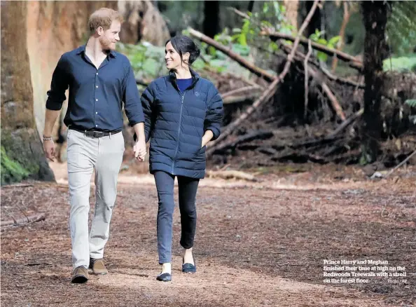  ?? Photo / AP ?? Prince Harry and Meghan finished their time at high on the Redwoods Treewalk with a stroll on the forest floor.