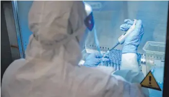  ?? SYMBOLFOTO: DPA/SKANDA GAUTAM ?? Ein medizinisc­her Angestellt­er untersucht Nasen- und Rachenabst­riche von Patienten für den Coronaviru­s-Test in einem Labor.