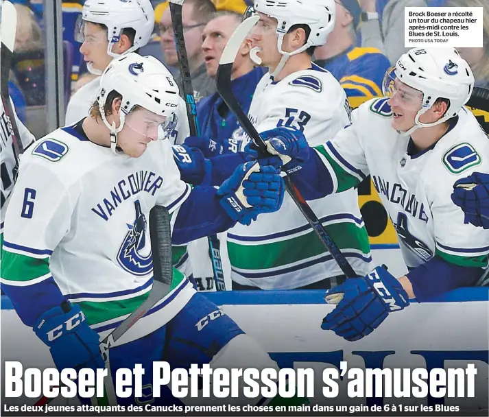  ?? PHOTO USA TODAY ?? Brock Boeser a récolté un tour du chapeau hier après-midi contre les Blues de St. Louis.