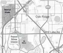  ?? ORLANDO SENTINEL ?? A map showing the proposed road extenstion that would connect Universal Orlando to the new Epic Universe park.