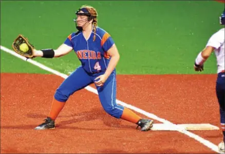  ?? KYLE MENNIG — ONEIDA DAILY DISPATCH ?? Oneida’s Kylie Chesebro (4) catches the ball at first base to force Solvay’s Hope Riviera (6) out at first during the Section III Class B final in Syracuse on Tuesday.