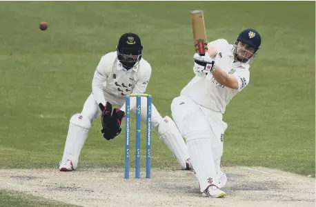  ?? ?? Durham’s Alex Lees hits out during the LV= Insurance County Championsh­ip match between Sussex and Durham at The 1st Central County Ground.