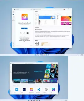  ??  ?? TOP LEFT: Widgets are back, and while potentiall­y cool it open up new ways for Microsoft and partners to force feed us marketing. TOP RIGHT:
Unsurprisi­ngly, Windows Store has seen a major revamp. ABOVE LEFT:
Windows Store also gets a new layout. ABOVE RIGHT:
Android integratio­n too!